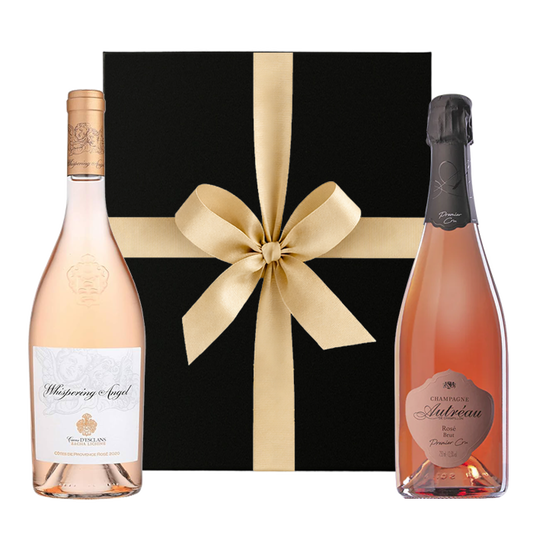 The Rosé Duo gift set with Whispering Angel rosé wine and Premier Cru rosé Champagne in a black box