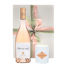 Whispering Angel Provence rosé wine and scented candle gift set in a white hamper box