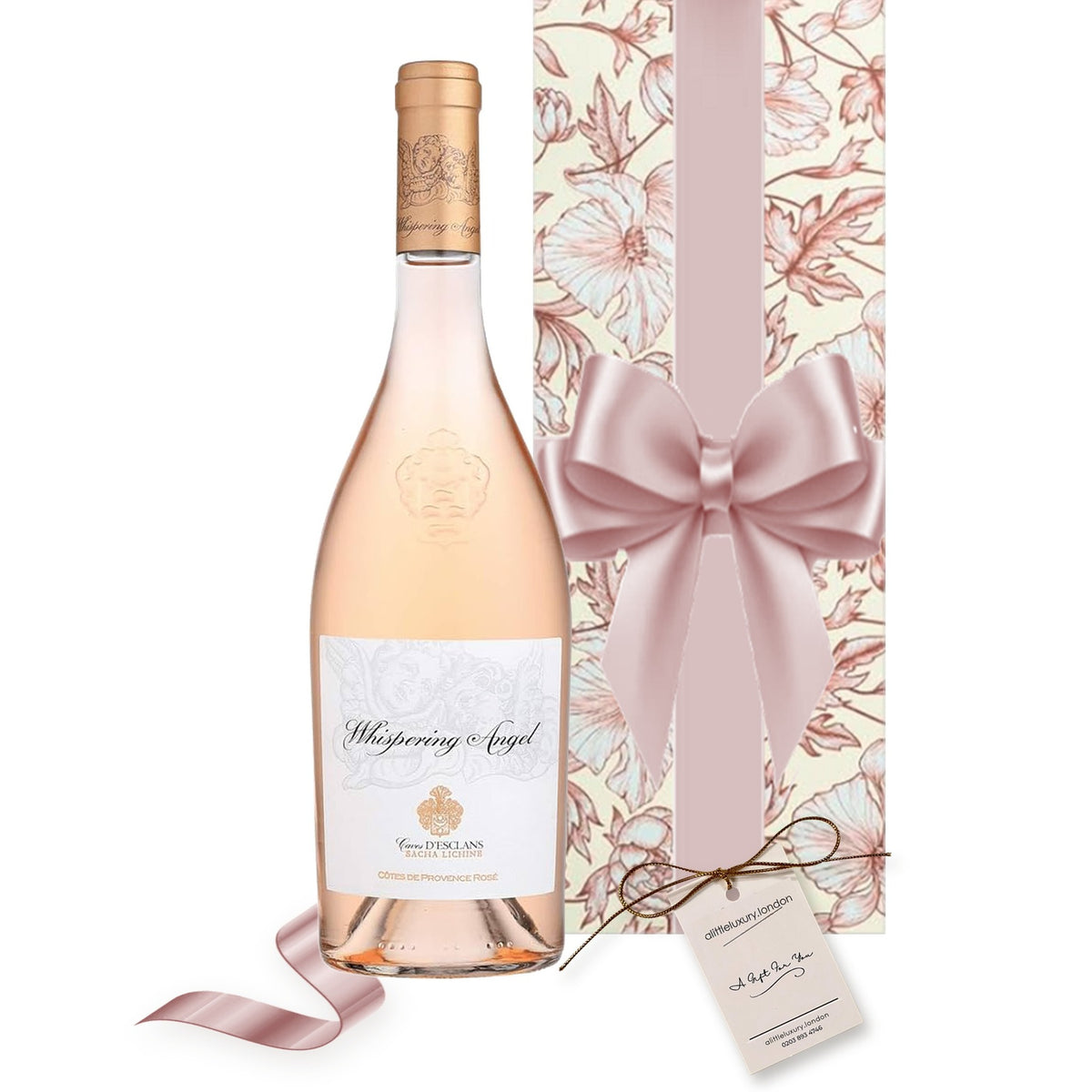 Whispering Angel Rosé hand gift-wrapped in Soft Shades wrap with an A Little Luxury gift tag
