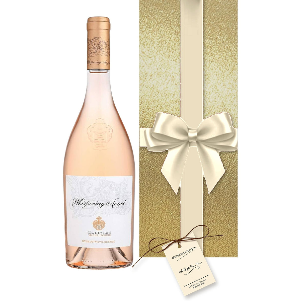 Whispering Angel Rosé hand gift-wrapped in Classic Gold wrap with an A Little Luxury gift tag