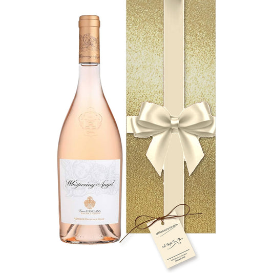 Whispering Angel Rosé hand gift-wrapped in Classic Gold wrap with an A Little Luxury gift tag