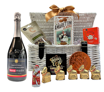 White Christmas wicker hamper with Prosecco and festive sweet treats, finished with ribbon for corporate gifting