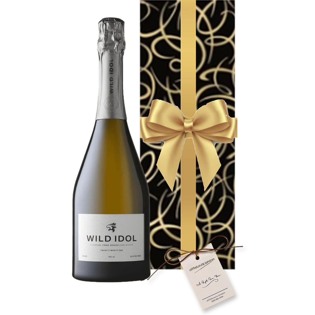 Wild Idol Alcohol-Free Sparkling hand gift-wrapped in Smart Black & Gold Swirl wrap with an A Little Luxury gift tag