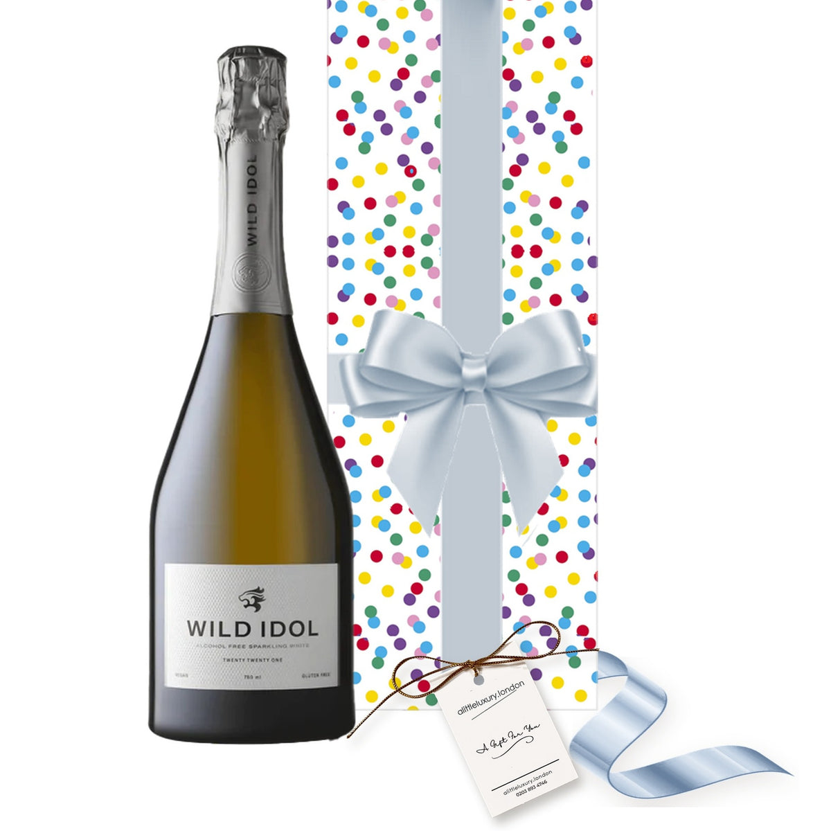 Wild Idol Alcohol-Free Sparkling hand gift-wrapped in Soft Shades wrap with an A Little Luxury gift tag